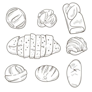 Beyaz arkaplanda izole edilmiş elle çizilmiş ekmek vektör çizimi seti. Pastane kampanyası için ekmek serisi