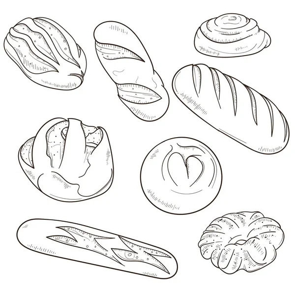 Pastane reklamcılığı kampanyası için el yapımı ekmek koleksiyonu. Beyaz arka planda izole edilmiş. ekmek karalama sanat tasarımı