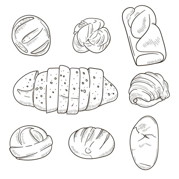 Set of bread vector illustration in hand drawn design isolated on white background. line art of bread for bakery campaign