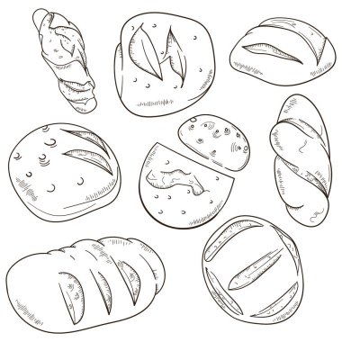 Ekmek vektör illüstrasyonunun koleksiyonunu reklam şablonu için çizilmiş çizim çizimine ayarlayın. beyaz arkaplanda izole