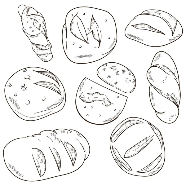 Ekmek vektör illüstrasyonunun koleksiyonunu reklam şablonu için çizilmiş çizim çizimine ayarlayın. beyaz arkaplanda izole