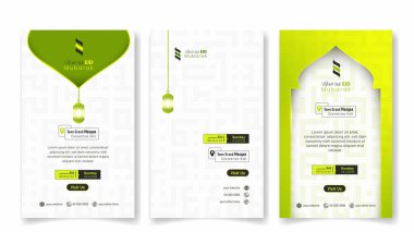 Kurban Bayramı için sosyal medya portresi yeşil ve beyaz arka plan şablonu. Beyaz yeşil İslami arka plan. Arapça metin ortalaması bayram mübareği