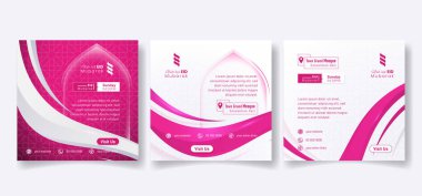 Bayram bayramı için sosyal medya şablonu ve 3 boyutlu el sallama tasarımı. Kadınsı İslami arka plan. Arapça metin ortalaması bayram mübareği