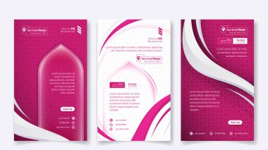 Sosyal medya şablonu pembe ve beyaz dizaynlı kadın portresi. Kadın tasarımında İslami arka plan. Arapça metin ortalaması bayram mübareği