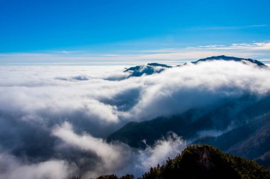 Bulutlar ve alp zirveleri, İtalya 'nın Recoaro, Vicenza, İtalya etrafındaki bulutlarda çam ağaçları ve kayalar.