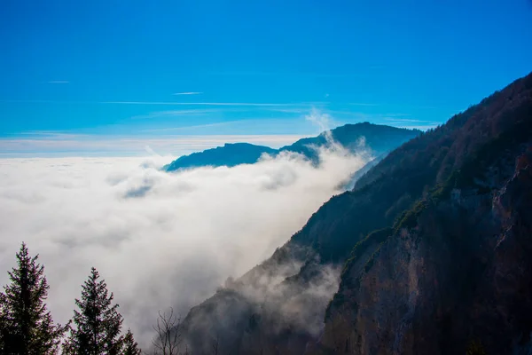 意大利维琴察罗市周围的云彩和高山山峰 云中长着松树和岩石 — 图库照片