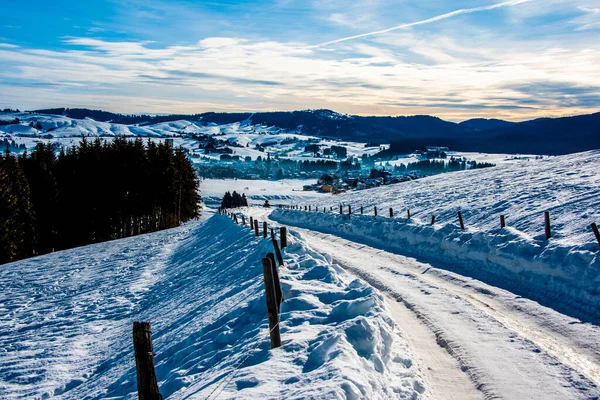 snow between mountains and valleys with beaten path divided by barbed wire in Asiago, Vicenza, Italy