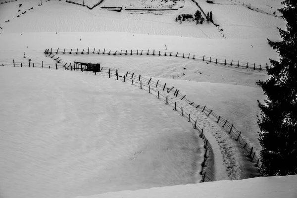 Neve Tra Montagne Valli Con Sentieri Battuti Divisi Filo Spinato — Foto Stock