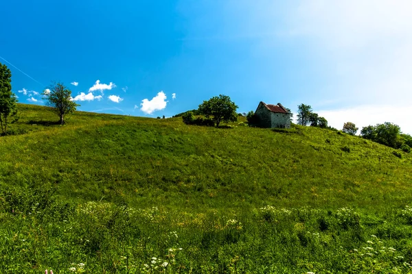 Verlassenes Bauernhaus Mit Dem Typischen Dach Von Lessinia Den Hügeln — Stockfoto