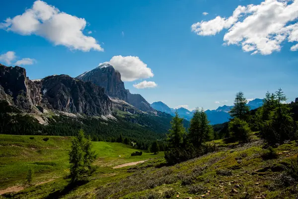 Wiosenna Panorama Zielonych Łąk Dolomitów Śniegiem Różowymi Skałami Przełęczy Falzarego — Zdjęcie stockowe