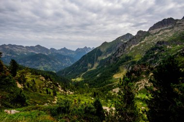 Kuzey İtalya 'nın Lagorai dağlarında kayalık yamaçları, dolambaçlı yolları ve katmanlı uzak tepeleri olan dik dağlık bir vadi..