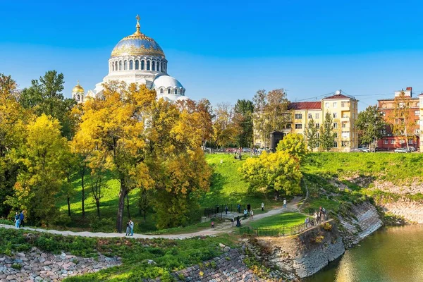 Russia, Kronstadt, September 2020. View of the park near the Naval Cathedral in late autumn.
