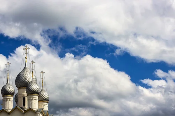 Russia, Rostov, July 2020. Heavenly background with domes of the old church.