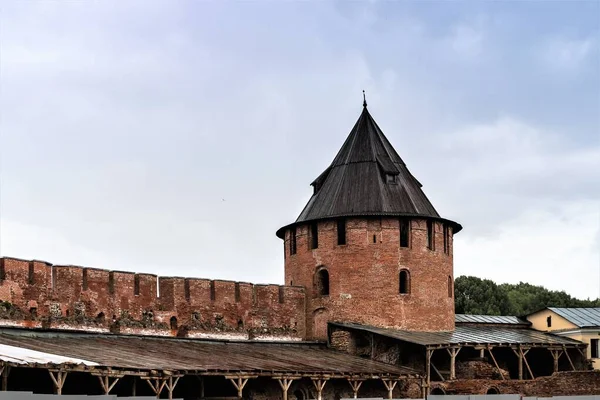 Rusia Veliky Novgorod Agosto 2021 Muralla Torre Vigilancia Del Histórico —  Fotos de Stock