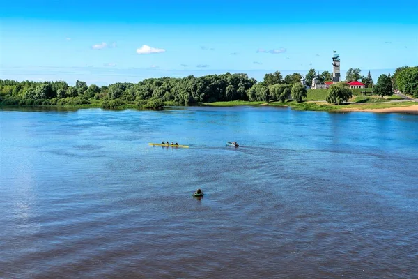Russia Veliky Novgorod August 2021 Morning River Kayakers View Monument — Stock Photo, Image