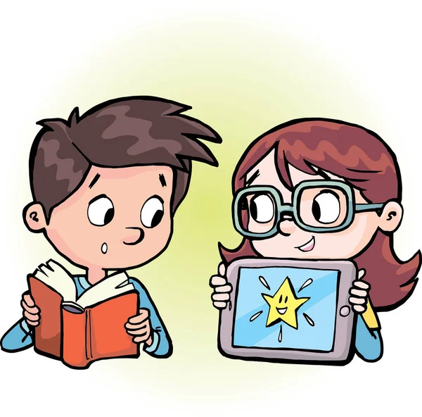 Αγόρι Μαθαίνει Από Βιβλίο Και Κορίτσι Είναι Επιτυχής Στο Tablet — Διανυσματικό Αρχείο