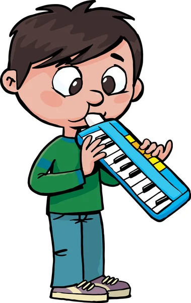 Menino Tocando Instrumento Musical Melodica Golpe Órgão — Vetor de Stock