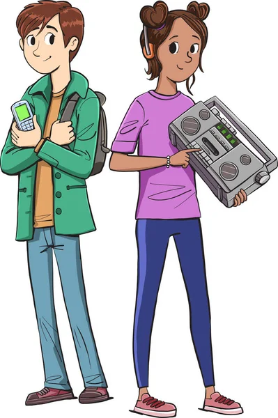 Два Підлітки Ретро Телефоном Старший Гравець Касету — стоковий вектор