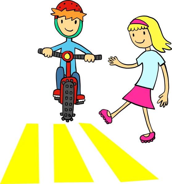 Flicka Korsar Gågata Och Pojke Cykel Stannar — Stock vektor