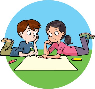 Oğlan ve kız birlikte bir gazetenin önünde çizmeye hazırlar