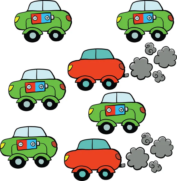 Carros Elétricos Verdes Carros Combustão Interna Vermelha —  Vetores de Stock