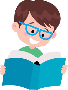 Mavi gözlüklü çocuk kitap okuyor.