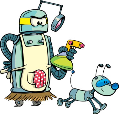 Robot köpeğin arkasını temizleyen bir hizmetçi.