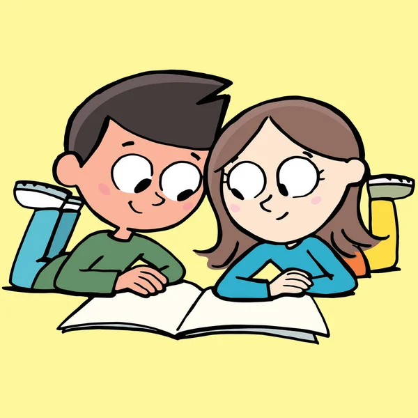 Çocuklar karnının üstünde yerde yatarak kitap okurlar.