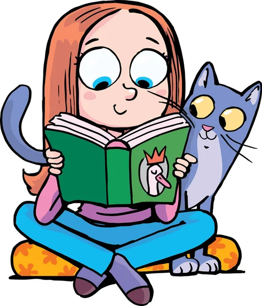 Kız Bir Kedinin Yanında Kitap Okuyor — Stok Vektör