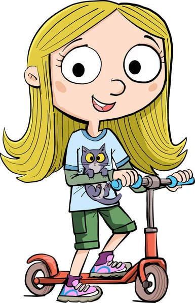 Girl Scooter Holds Little Kitten Her Arms — Stock Vector