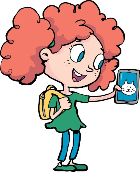 Dívka Drží Mobilní Telefon Ruce Kočkou Mazlíček Obrazovce — Stockový vektor