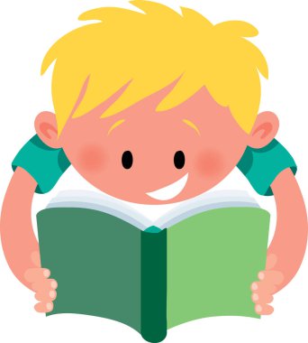 blond-haired boy holds an open book and smiles