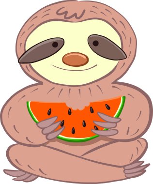 Tembel hayvan oturur ve karpuz yer.