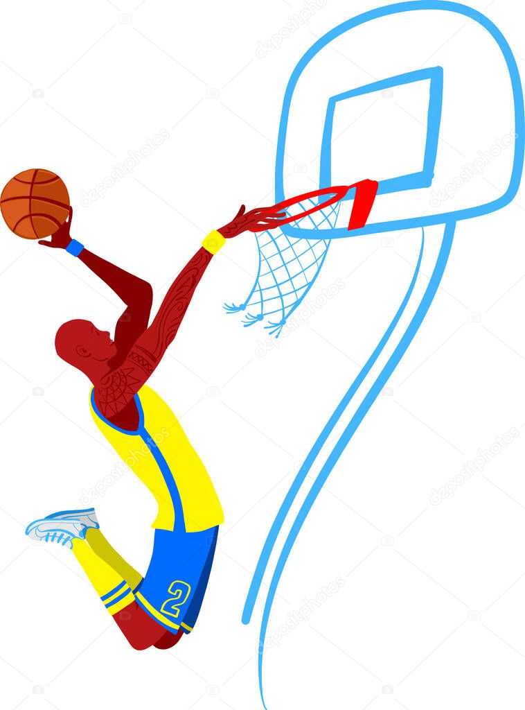 basketball player in the big jump knocks the ball into the hoop