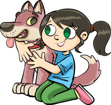 Diz çöküp köpeğin boynuna sarılan kız.