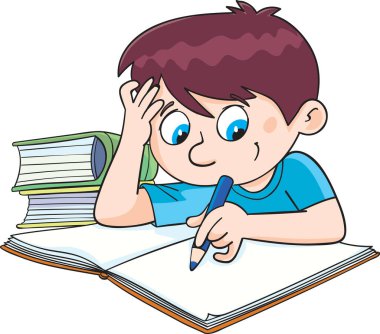 Çocuk bir not defterine okul ödevi yazıyor.