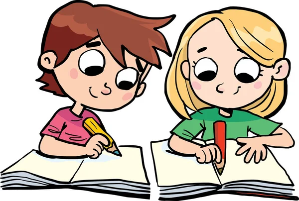 Küçük okul çocukları not defterlerine yazarlar.