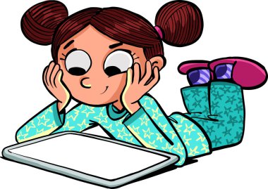 Küçük kız gece boyunca tablete bakıyor.