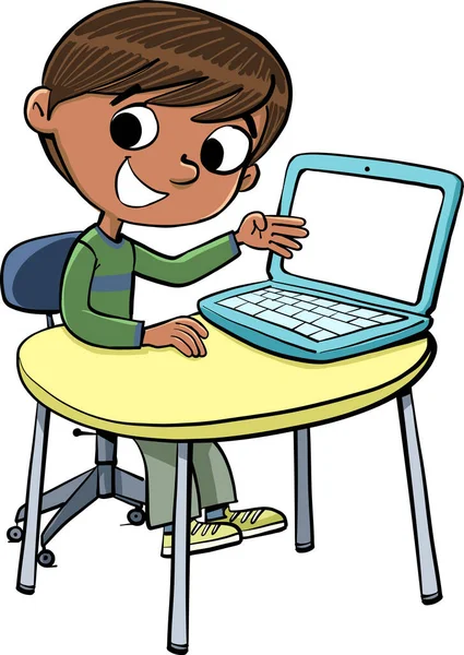 Masadaki çocuk laptop ekranını gösteriyor.