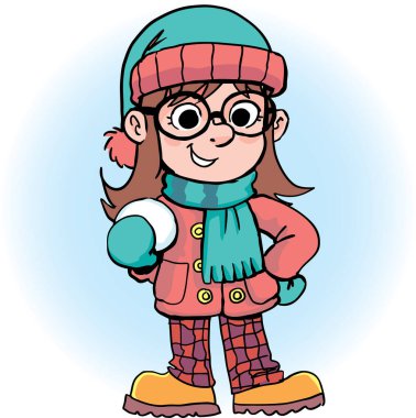 girl with a snowball in her hand in winter clothes