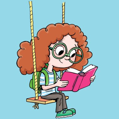 Gözlüklü kız salıncakta oturup kitap okuyor.