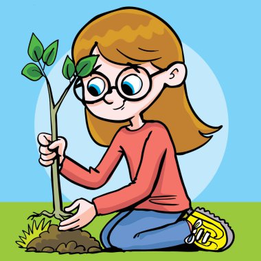 Kız diz çöküp genç bir ağacın fidanını dikiyor.