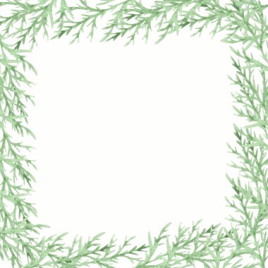 Ardıç dallarıyla suluboya Noel kare çerçevesi. Davetiyeler ve tebrik kartları için parlak çerçeve.