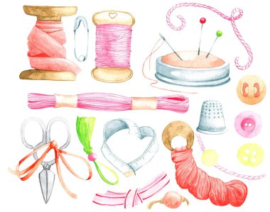 Şirin terzi aletlerinden oluşan suluboya seti. Kurdeleler, makas, düğmeler, boncuklar, iplikler. Beyaz arkaplanda elle çizilmiş nesneler izole edildi.