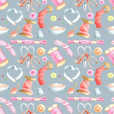 El çizimi, iplik, yüksük ve düğmeli dikişsiz desen. Desen, arkaplan, duvar kağıdı, doku, dekor için terzi arkaplanı.