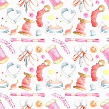 El çizimi, iplik, yüksük ve düğmeli dikişsiz desen. Desen, arkaplan, duvar kağıdı, doku, dekor için terzi arkaplanı.