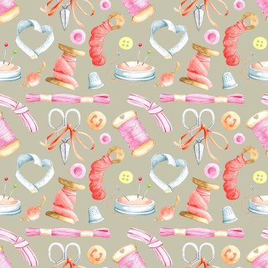 El çizimi, iplik, yüksük ve düğmeli dikişsiz desen. Desen, arkaplan, duvar kağıdı, doku, dekor için terzi arkaplanı.