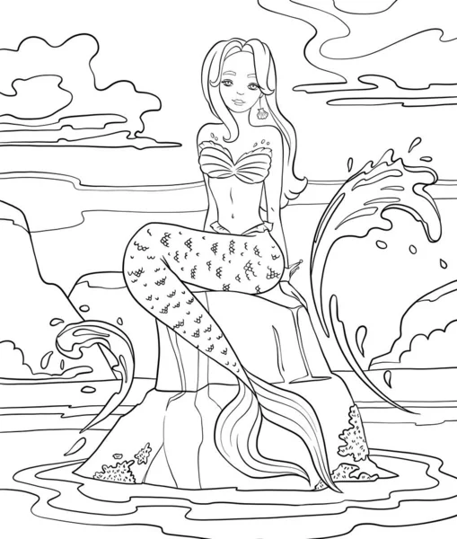 Coloring pages with mermaid. Line art design for adults or children coloring in doodle style.