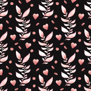 Sevgililer Günü 'nde ya da düğünde kalpler ve çiçekler olan romantik bir düzen. Elle çizilmiş romantik unsurlarla suluboya arka plan. Paket kağıdı, kumaş, kart ve davetiyeler için doku.