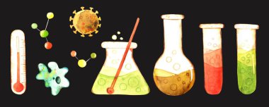 Kimya elementlerinin suluboya çizimi, test tüpleri, matara ve moleküller. Siyah bir arkaplanda elle çizilmiş ve izole edilmiş.. 